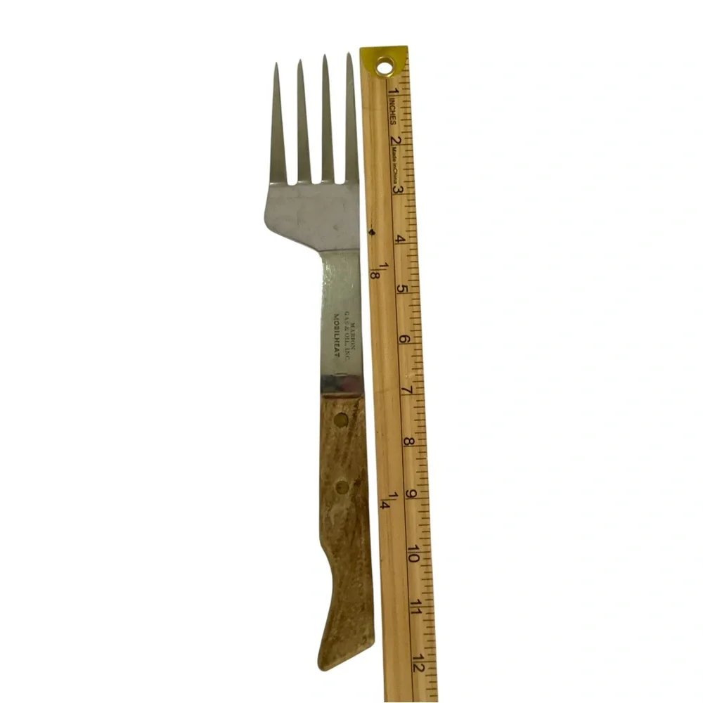 Vintage Mobilheat Japan Stainless Steel Serving Fork Wood Handle Mid Century BBQ